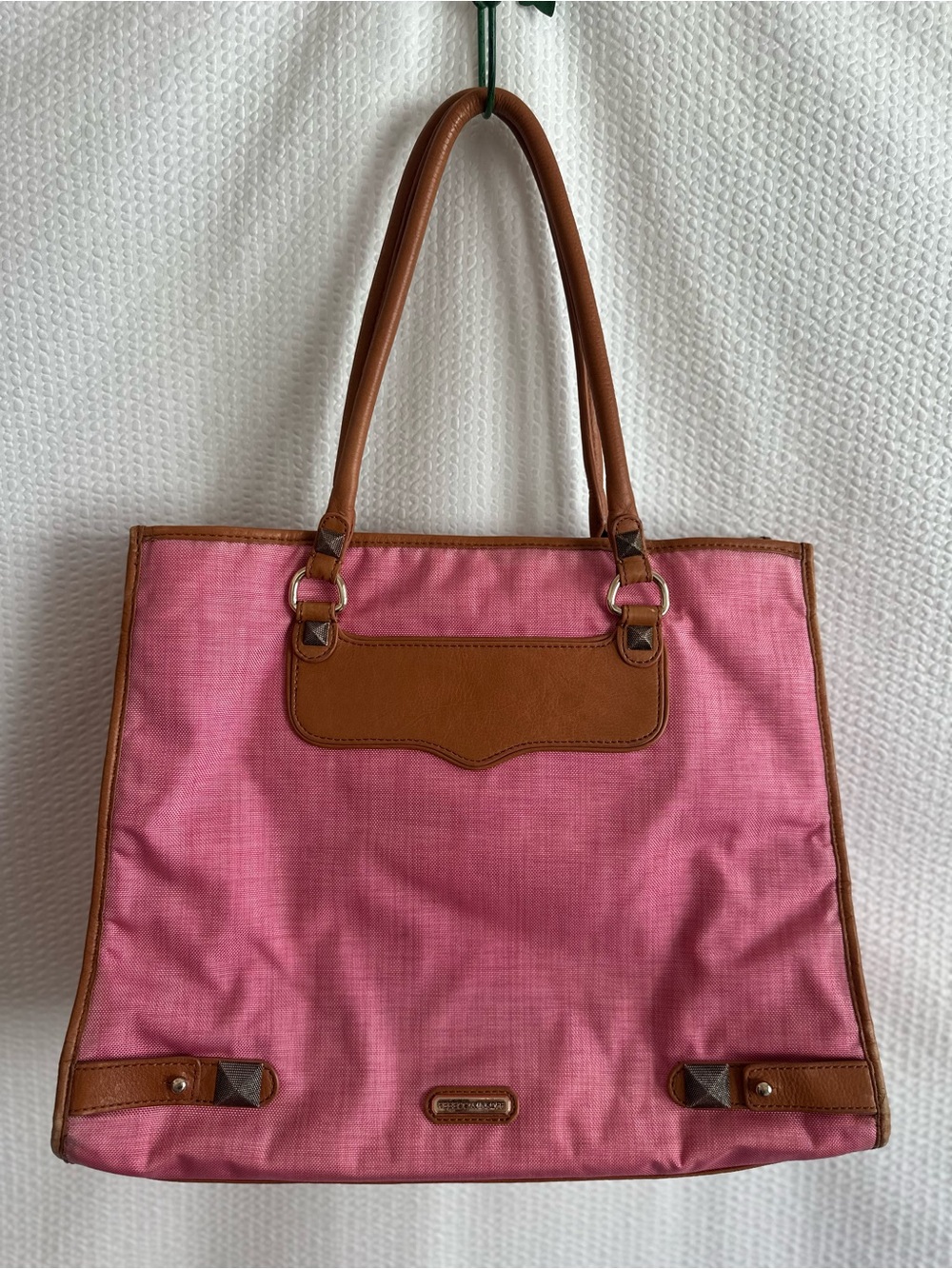 Rebecca Minkoff MAB Pink Canvas Brown Leather Large Tote Shoulder Bag Work Purse